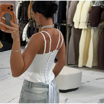 Sexy Double Layered Shoulder Straps Women Vest Elegant Backless Sleeveless Lace Up Female Top 2026 Spring Summer Lady Crop Tops
