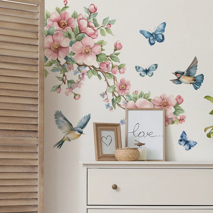 1PCS Watercolor Peach Tree Branches Leaves Bird Butterfly Bedroom Living Room Home Beautify Decorative Wall Stickers