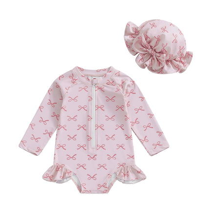 MISOWMNJOY Princess Baby Girl Swimwear Long Sleeve Rash Guard Beach Swimsuit Bow/Cherry Print Toddler Bathing Suit with Sun Hat