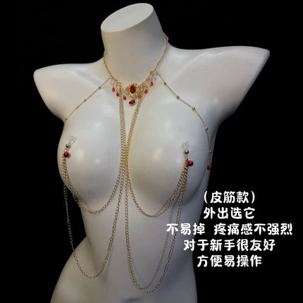 Red Gem Nipple Clamps Body Chain Integrated Breast Clips Bell Pendants Sensual Body Restraint Sexy Accessories  Adult Sex Toys