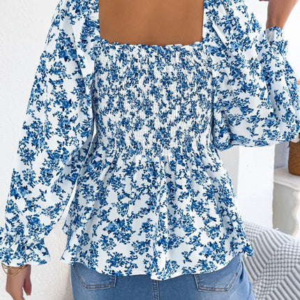 VigoCasey 2025 Spring Floral Print T-shirt Casual Women Lantern Long Sleeve Top Autumn Lady Square Neck Casual Club Short Tops