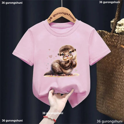Harajuku Kawaii Kids Clothes Funny Otter Love Flowers Animal Printed T-shirt Girls/Boys Summer Fashion T-shirt Tops