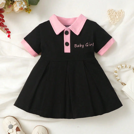 Summer Baby Girl Letter Graphic Contrast Collar Pleated Hem Dress