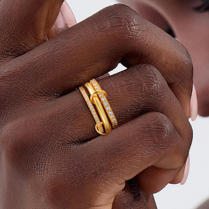 Luxury Cubic Zirconia Gold Plating Multilayer Connecting Rings for Women Fashion Mixed Color Stackable Finger Ring Party Jewelry