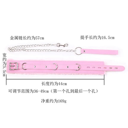Faux Leather Plush Neck Choker Furry Collar with Metal Chain Drag Leash Lockable Harness BDSM Bondage Restraints  Sex Toys