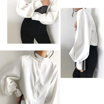 Spring Fashion Women Solid Stand Collar Casual Elegant Fashion Women's Top Clothing Blouse Shirt Lantern Long Sleeve Women's Shirts