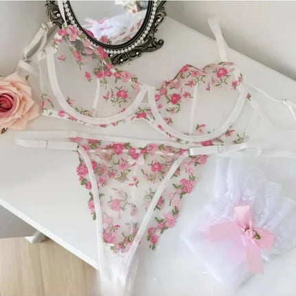 YUQI French Elegant Lingerie Set-Floral Embroidery Semi-Transparent Bra & Brief,Black Sensual Women's Underwear Luxury Intimates