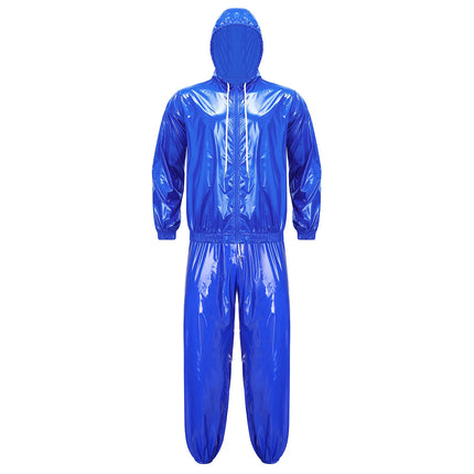 Mens Waterproof Sauna Outfit Glossy Sweat Suit Hooded Tracksuit Hooded Jacket with Jogging Track Pants for Fitness Training