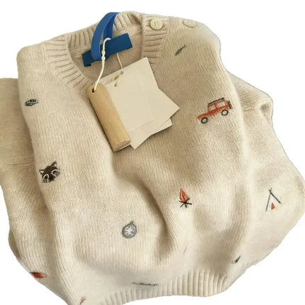 Korean Style Children's Sweater Cartoon Embroidery Knitted Sweater Autumn Winter Girls Versatile Pullover Tops Bottoming Shirt
