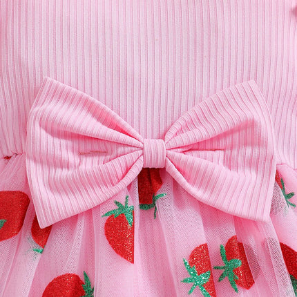 Baby girl autumn princess chiffon skirt strawberry print flying sleeves big bow design for birthday party wear