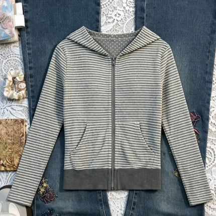 American Streetwear Women Striped Hooded Cardigan Autumn Slim Fit Cropped Zip Up Sweatshirt Casual Long Sleeve Outerwear Coat