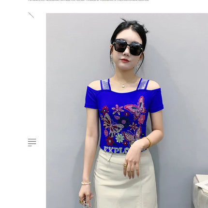 Summer Streetwear Fashion Women's T-shirt Luxury Design Butterfly Hot Diamonds Tee Sexy Off Shoulder Girls Tops European Clothes