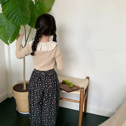 1-12 Years Long-Sleeved Shirts Children's Spring Knitted Tops Baby's Lace 2025 Lace Base Shirt Korean Girls Ruffle Collar T-shirt