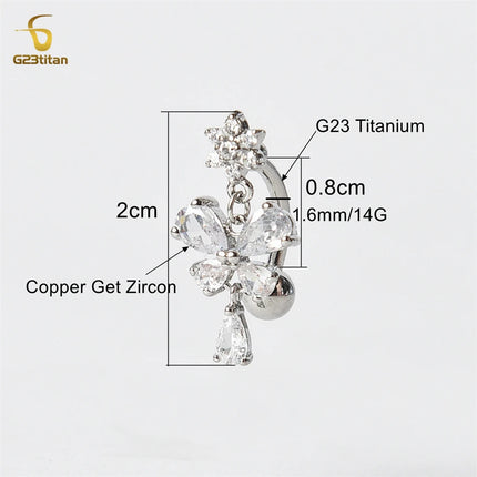 Zircon Butterfly Dangle Reverse Belly Ring 14G F136 Titanium Navel Piercing Barbell Women Sexy Body Jewelry piercings ombelico