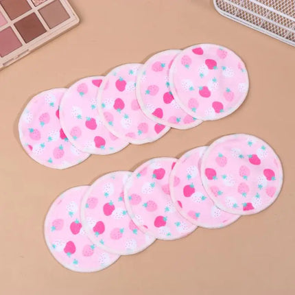 〔HBA16〕 10 Pcs Makeup Remover Pads Washable Double-Layer Strawberry Print Cleaning Cotton Reusable Facial Make Up Removal Pads
