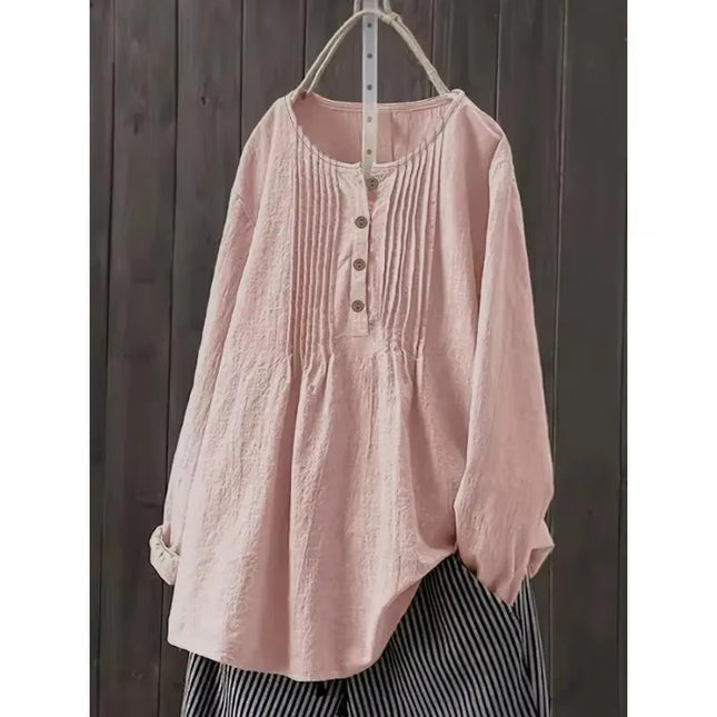 Plus Size 1XL-5XL Women's Casual Front Four Button Round Neck Pullover Ladies Fashionable Solid Color Comfortable Shirt