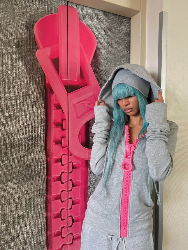 Y2K Streetwear Oversized Pink Zipper Gray Hoodie Fashion Retro Punk Design Hooded Jacket Harajuku Aesthetic Trendy Sweatshirt