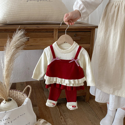 Autumn and winter girl sweater set, faux two-piece overalls knit top + two-piece knit leggings sweet knit set