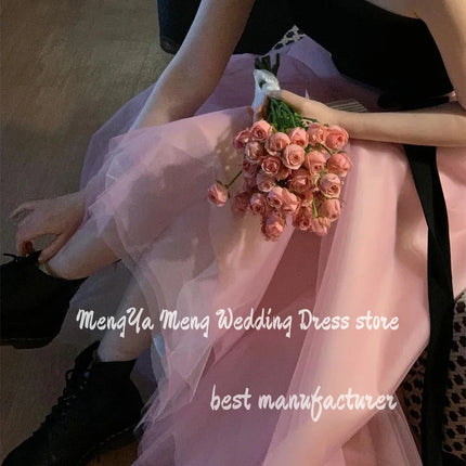 Simple Black And Pink Korea Evening Party Dresses A Line Strapless Wedding Photos Shoot Sleeveless Backless Corset Prom Dress