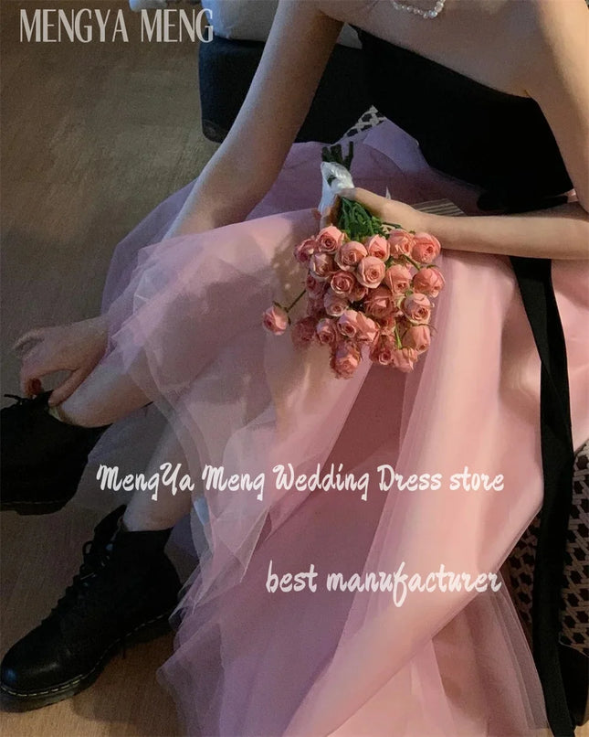 Simple Black And Pink Korea Evening Party Dresses A Line Strapless Wedding Photos Shoot Sleeveless Backless Corset Prom Dress
