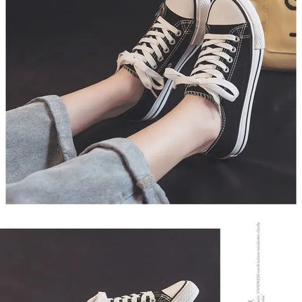 Flat Bottom Canvas Shoes Women's Versatile Low Cut Rubber Sole Pure Color Adult Slip-On Fashion Trendy White Sneakers
