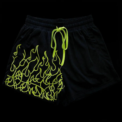 Men's Flame Print Casual Sports Shorts Breathable Mesh Adjustable Drawstring Waist Loose Fit Summer Street Daily Wear Trendy