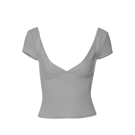 Lamuusaa y2k Tops Women Summer Clothes Sweet Solid Color V Neck Short Sleeve T Shirts Tanks 2000s Aesthetic Tees Streetwear