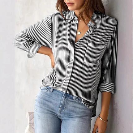 Women's Plus Size Shirt - Fashionable, Elegant, Commuter Bestseller, Classic Striped Top, Loose and Casual Long Sleeve Shirt