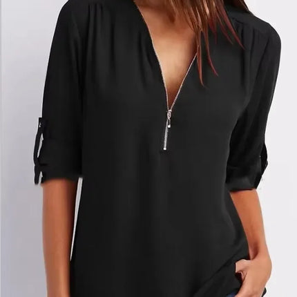 2025 Hot Sale Women Cool Loose Shirt Deep V Neck Chiffon Fashion Blouse Casual Ladies Tops Sexy Zipper Pullover Plus Size