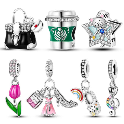 Charms Beads 925 Silver For Women Tulip Starlight Travel Coffee Fit Original Pan Bracelet Pendant DIY Fashion Jewelry Gift