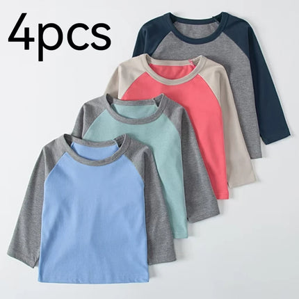 1/4 Pack 2025 New Spring and Autumn Children's Color-Block Long-sleeved T-shirt for Boys and Girls Casual Joker T-shirt