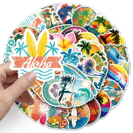 50PCS Outdoor Hawaii Surfing Stickers Summer Tropical Beach Surfing Waterproof DIY Surfboard Skateboard Phone Cup Kid Toys Gift