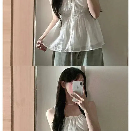 Sexy Summer Design D-string Strap Folded Waist Slimming Women's Casual Sexy Vest Top with Belt Polyester Fiber Thin Model
