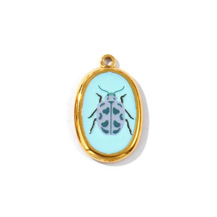 2 Pcs 304 Stainless Steel Insect Charms Oval Printed Ladybug Beetle Bird Butterfly 18K Gold Plated Pendants For DIY Necklace