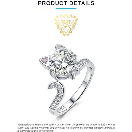 JewelryPalace New Arrival Love Cat 3ct Round Gemstone 925 Sterling Silver Open Adjustable Ring for Woman Girl Fashion Cute Ring