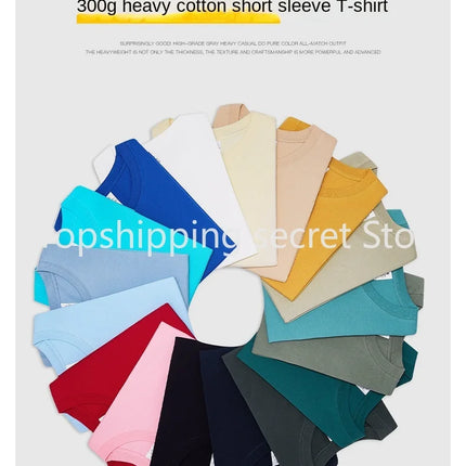 Summer Light Blue 300g Heavy Cotton Short-sleeved T-shirt Loose Men's and Women's Casual Half-sleeves Tee