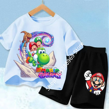 High Quality Kids 2Pcs Set Marios Cartoon Short Sleeve T-Shirt + Elastic Waist Shorts Comfortable Summer Children Clothing Suits