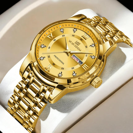 VA VA VOOM Luxury Watch Men Gold Blue Rhinestone Stainless Steel Business Style Original Quartz Movement Week Couple Men Watches