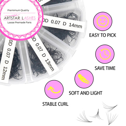 ARTSTAR 800 Fans Loose Fan Lashes Extensions mix8-15mm Length Pointy Base Premade Medium Stem Sharp Thin Russian Volume Lashes