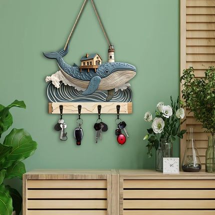 1 Piece 2D Wooden Hanging Decoration with Household Key Hook Whale Pattern Wooden Key Hangers Wall Wall Mount Room Decoration