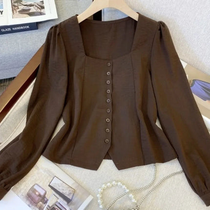 Elegant Long Sleeve Shirt Large Size Women's Early Autumn plus Size French Chic Square Collar Slimming Belly Covering Top