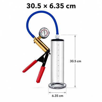 Male Vacuum Pump Sex Toy with Clear Measuring Cylinder Blue Hose Red Handle Gauge and Man Masturbation Training Device