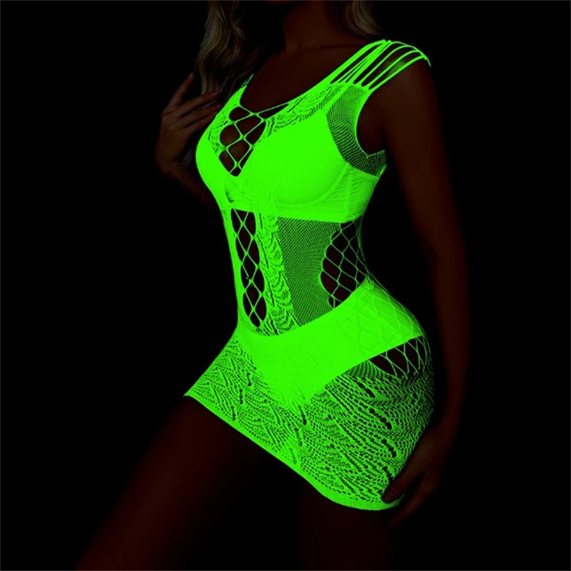 Erotic Underwear Women Lingerie Suspenders Glow-in-the-dark Jacquard Hollowed out Sexy BodyStockings Mesh Costumes Baby Dolls