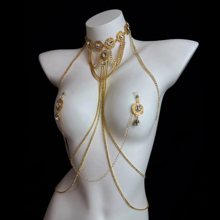 Gold Gemstone Collar Sexy Body Chain Tassel Nipple Clamps SM Training Chest Stimulation Punishment Women's Waist Chain Accessory