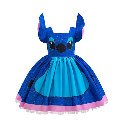 Stitch Character Cosplay Dress for Kids Girls Lilo & Stitch Blue Sparkly Dress with 3D Ears for Halloween Birthday Party