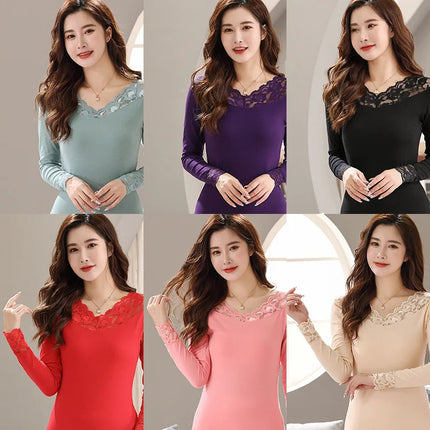 Women's Thermal Underwear Cotton Woman Winter Clothing Sexy Lingerie Set Long Johns Lace Bottoming Thermal Shirt Pant Sets 2Pcs