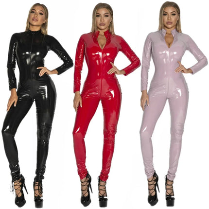 Red Black Glossy PVC Leather Bodysuit For Women Porn Double Zipper Open Crotch Costume Shiny Latex Jumpsuit Long Sleeve Catsuit