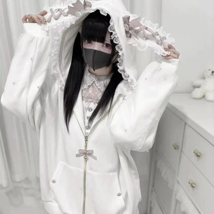 Winter Sweet Cute Rabbit Ears Lolita Coats Women Casual Fashion Bandage Lace Oversized Sweatshirt Y2k Harajuku Hooded Jackets