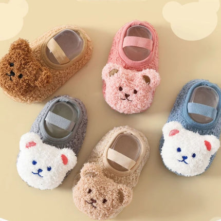 Cartoon Bear Baby Shoes Winter Thick Warm Newborn Shoes Non-slip Soled Soft Plush Toddler Kids Boy Girls Infant First Walkers