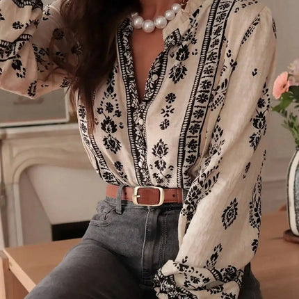 Plus Size Women's Fashion Printed Long Sleeve Loose Elegant Blouse Shirt Spring and Autumn Floral Print Chiffon Blouse Shirt